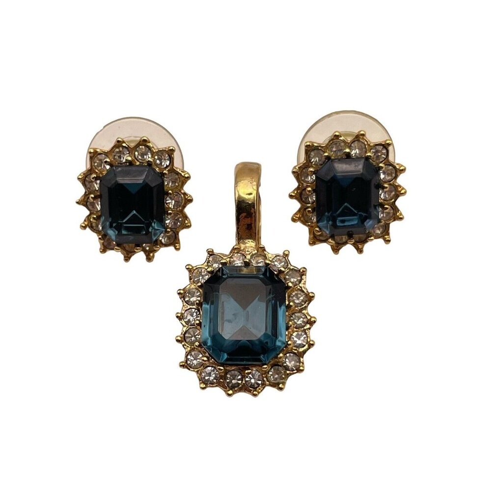 Roman Blue Faux Sapphire Faceted Glass Pendant Pierced Earring Set Gold Tone VTG